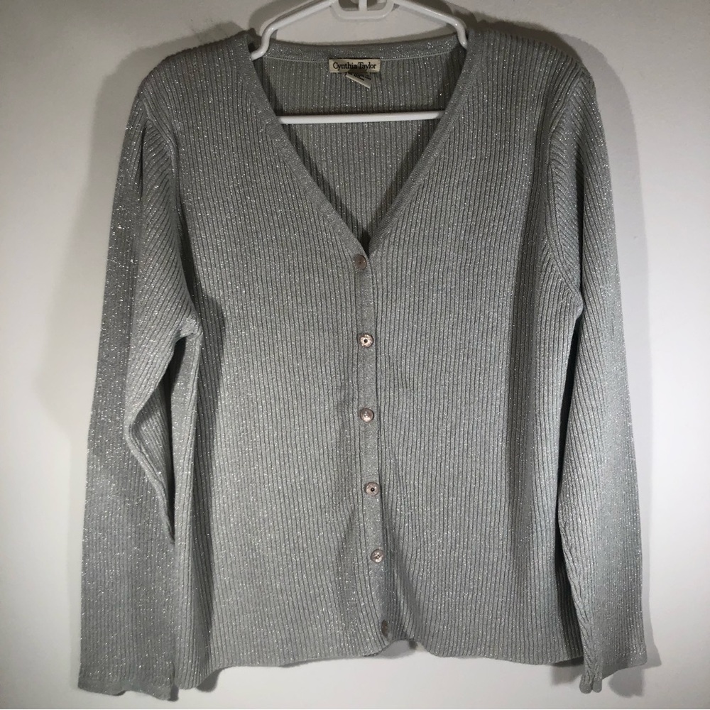 Cynthia Taylor Ribbed Cardigan Sweater Womens M Button Down Gray with Sparkle